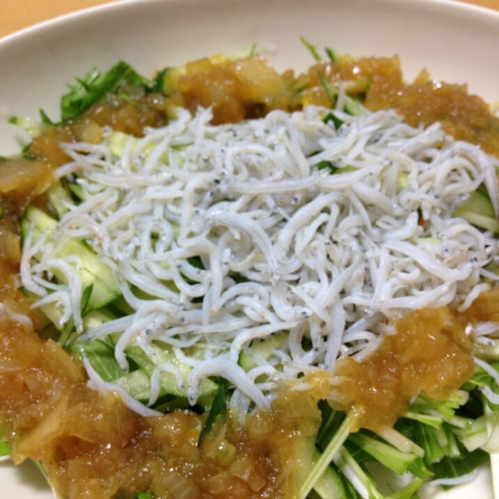 水菜としらすのサラダ♪おろし玉ねぎドレッシング